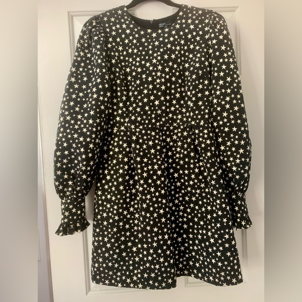 NWOT Nobody's Child Black Metallic Star Print Mini Dress Long Sleeve Ruffle